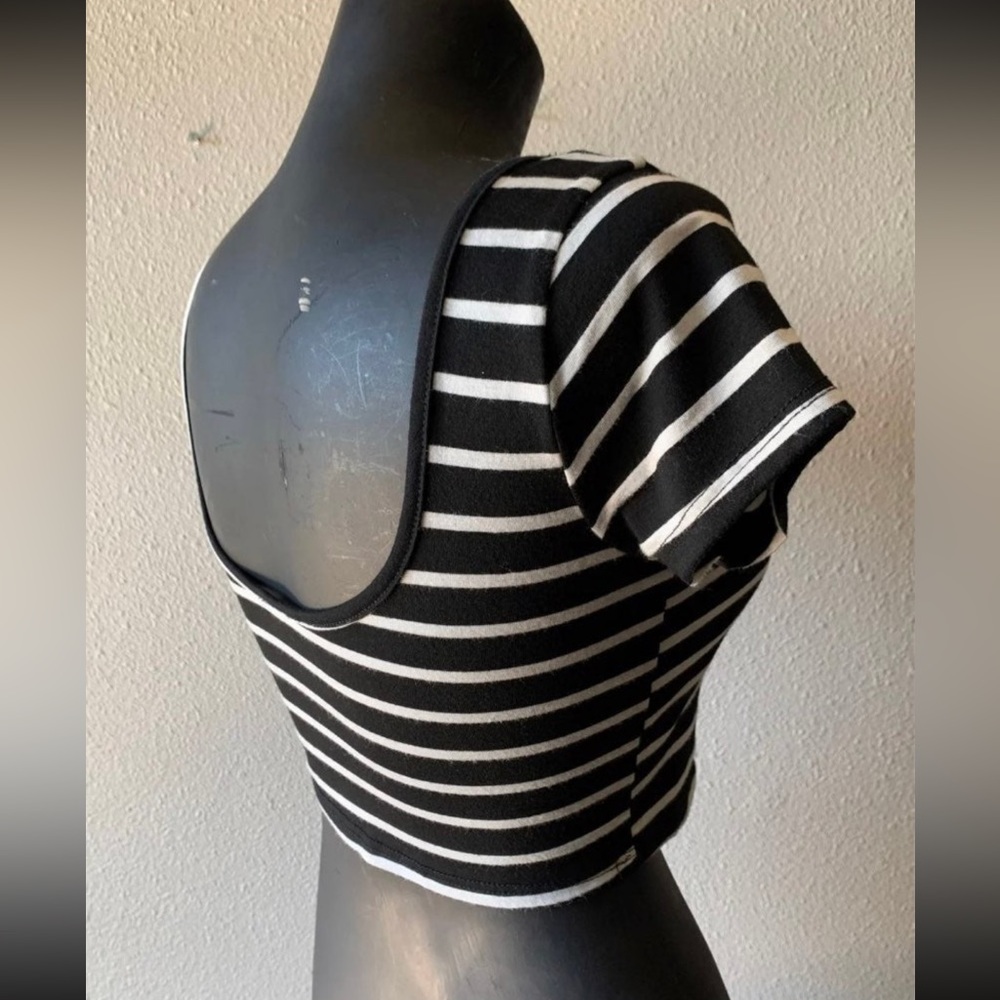 Poetry Small Black Cropped Top Short Sleeve Tee with White Stripes - Picture 6 of 7